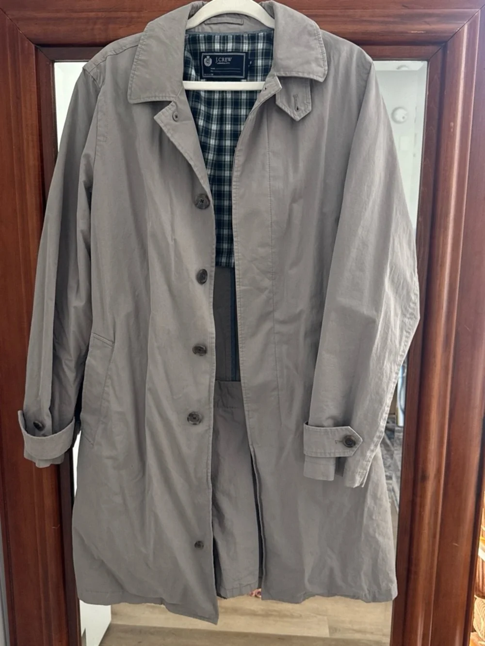 J. Crew Vintage Sutherland Light Gray Trench Coat with Plaid Lining